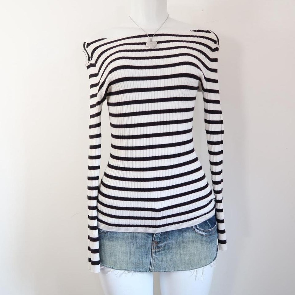 black white striped off shoulder top y2k
